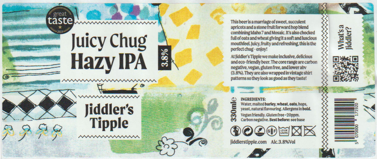 Scan of the can label for Juicy Chug by Jiddler's Tipple (3.8% Hazy IPA), 330ml version