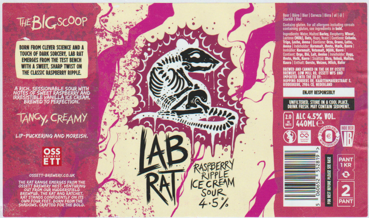 Scan of the can label from Lab Rat Raspberry Ripple, by Ossett. Bought and drank at Black Cat, Smithdown Road.