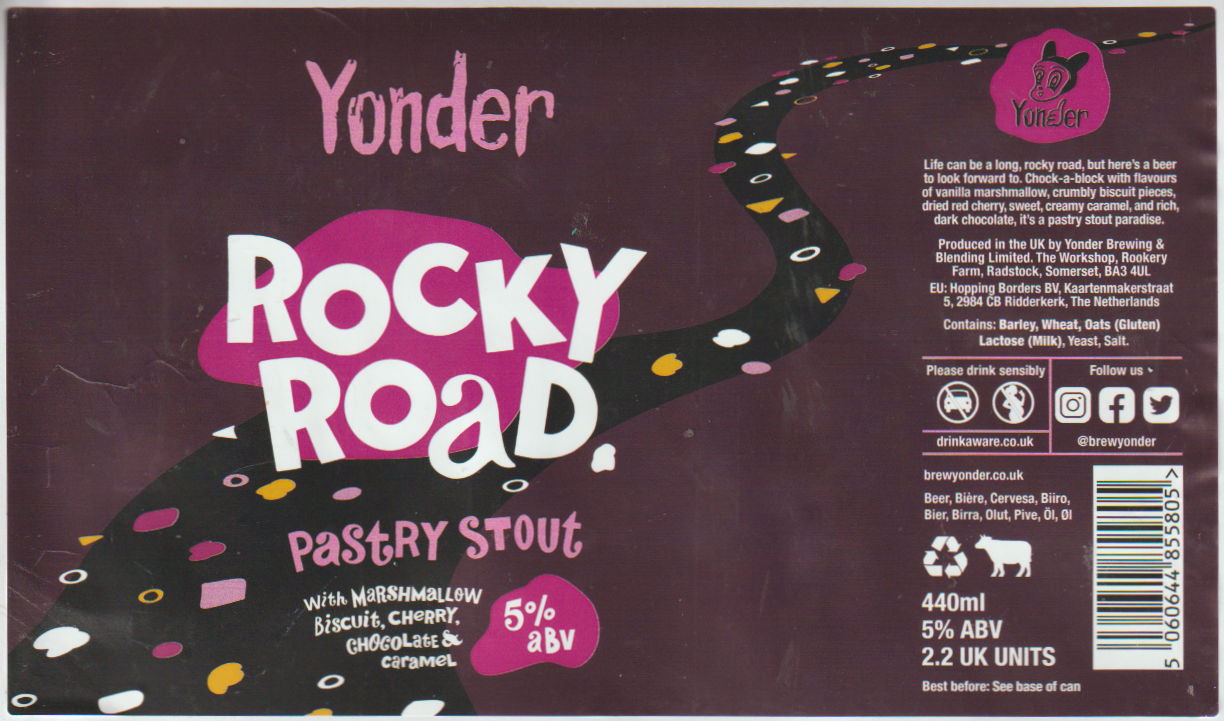 Scan of the label for Yonder - Rocky Road, 5% Pastry Stout, in 440ml can