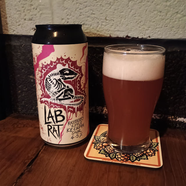 An 'action photo' of Lab Rat Raspberry Ripple in can. I messed up, thinking this was a new version, but now it's folded into the proper beer.